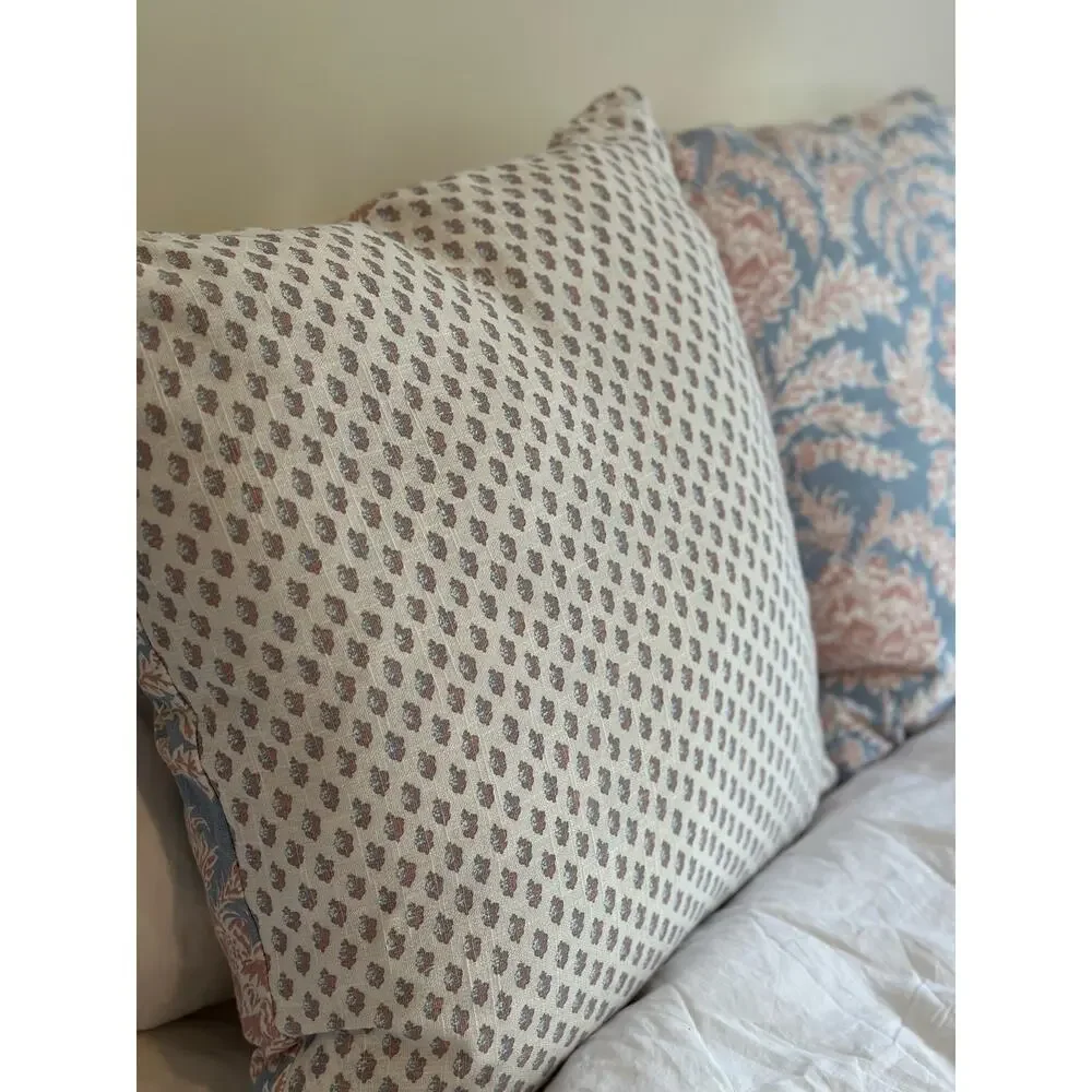 Set of 2 New Blue & Rust Block Print Floral Throw Pillows 100% Cotton